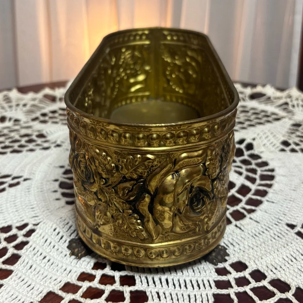 Vintage Brass Footed Planter Ornate Oval Embossed Floral Rose Victorian Luxury